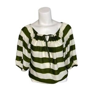 Womens OLD NAVY Green Stripe 1/2 Balloon Sleeve Elastic Waist Top Sz Medium NEW